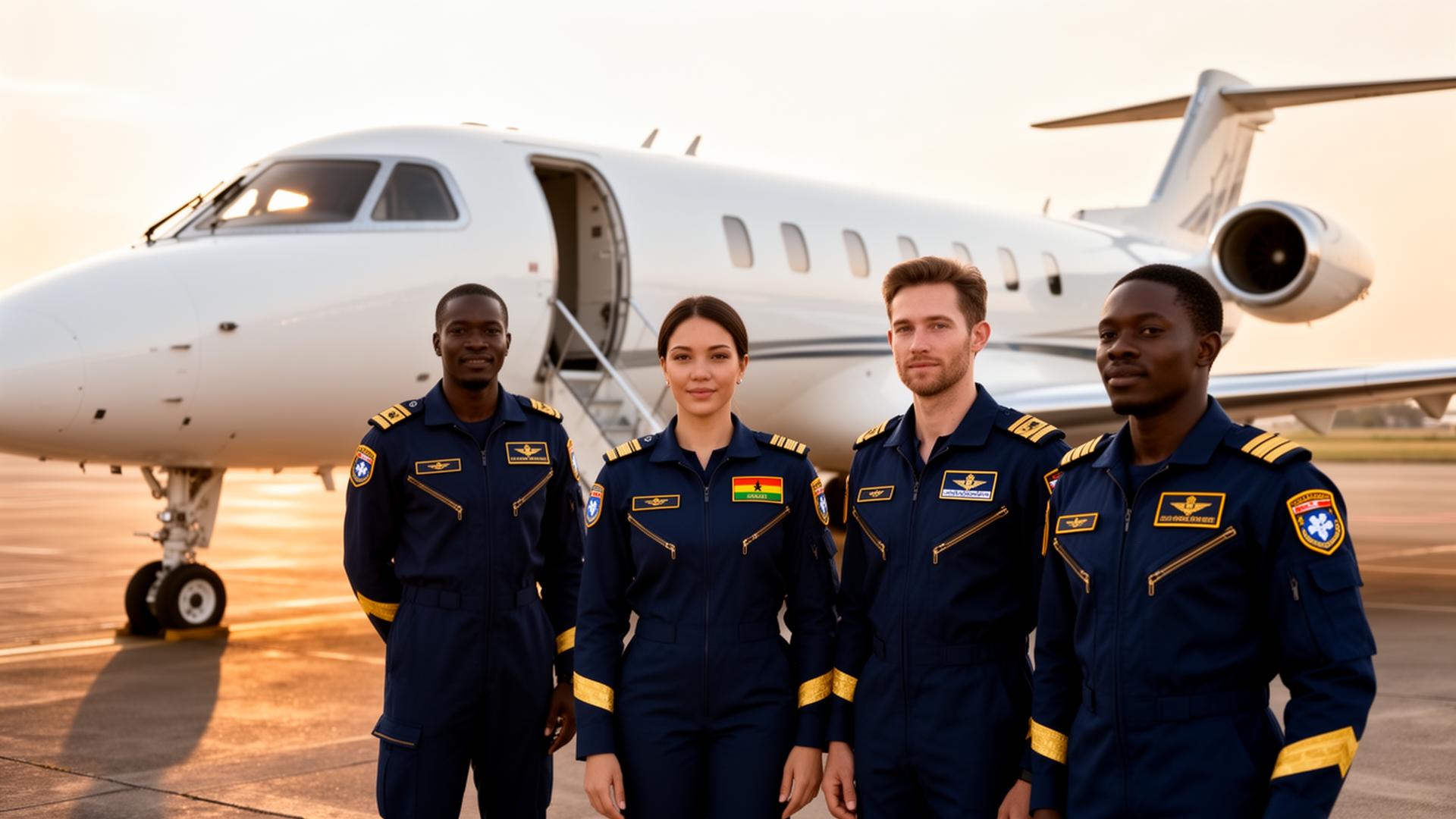 NiMSol aviation medical team beside a medical jet on the tarmac