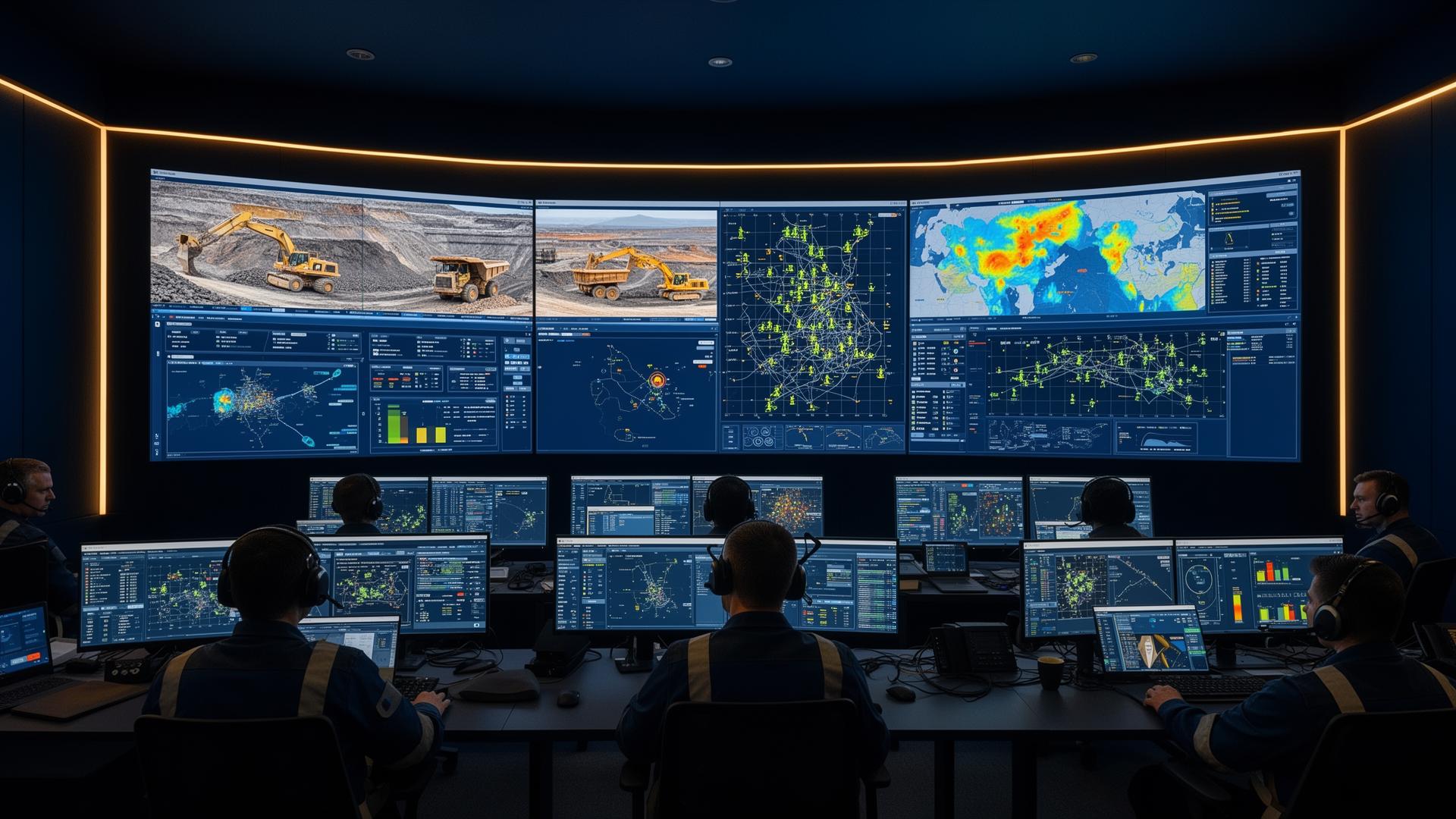NiMSol industrial safety command centre with curved video wall showing real-time mining and workforce dashboards