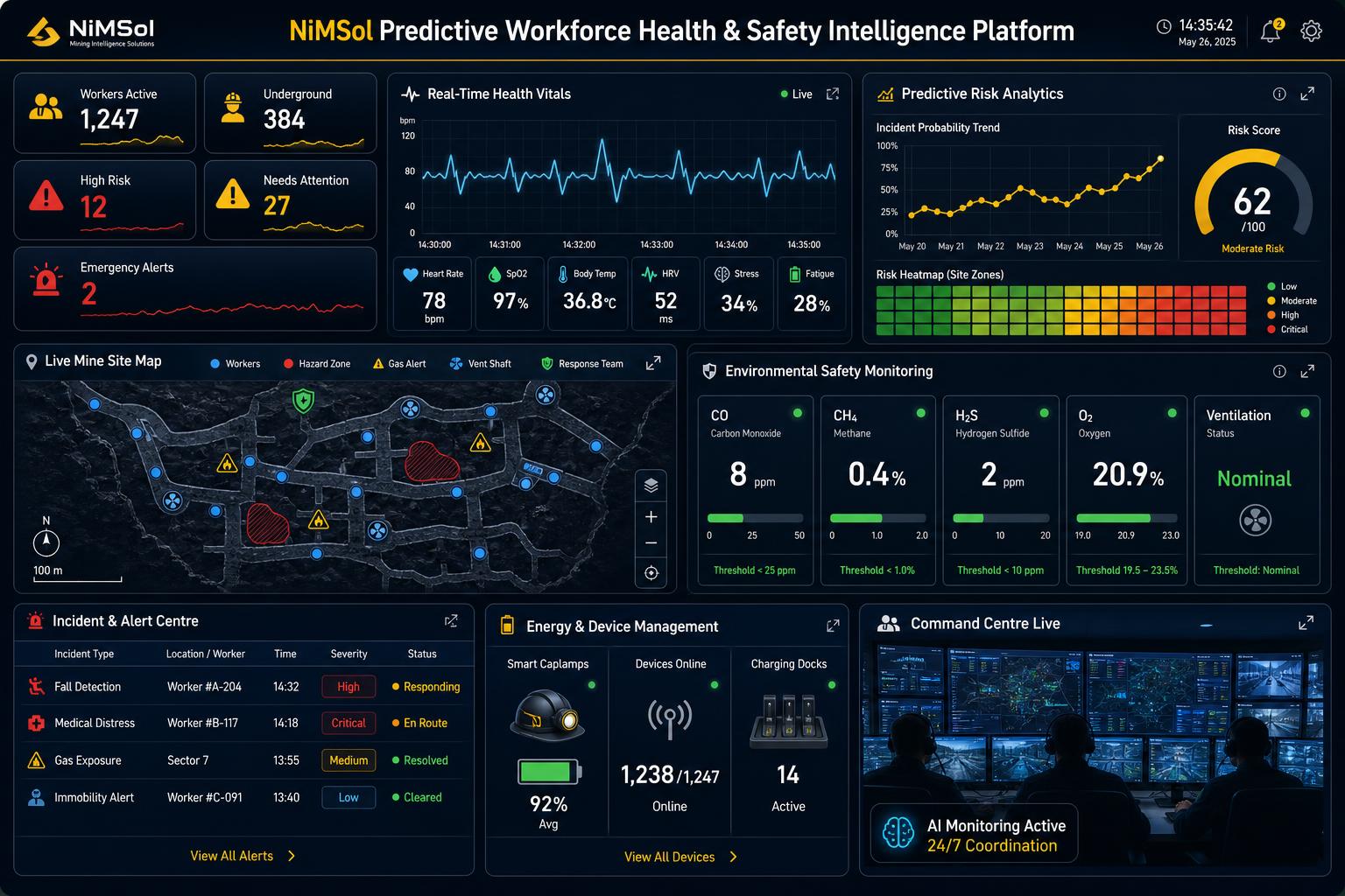 NiMSol predictive workforce safety dashboard with risk scores and live vitals