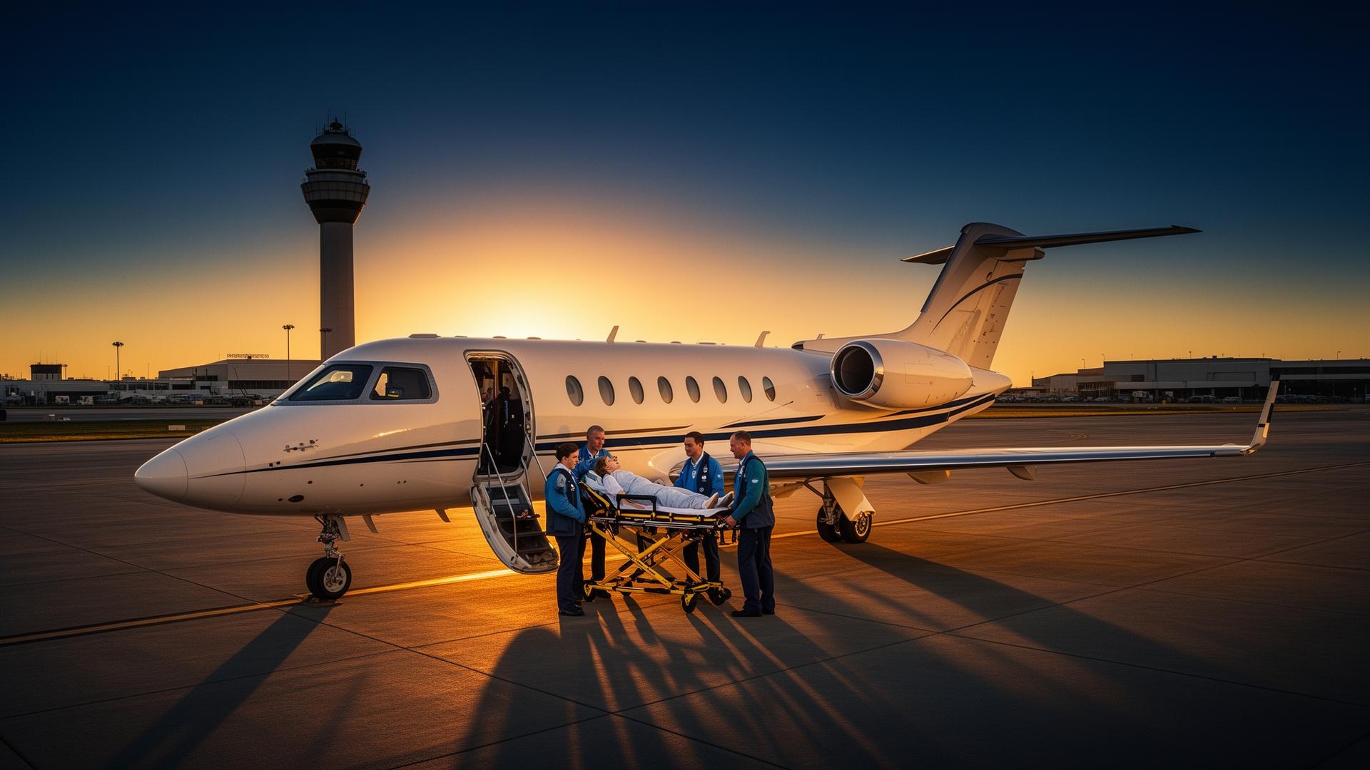 International medical evacuation jet on tarmac at sunset with medical team transferring patient