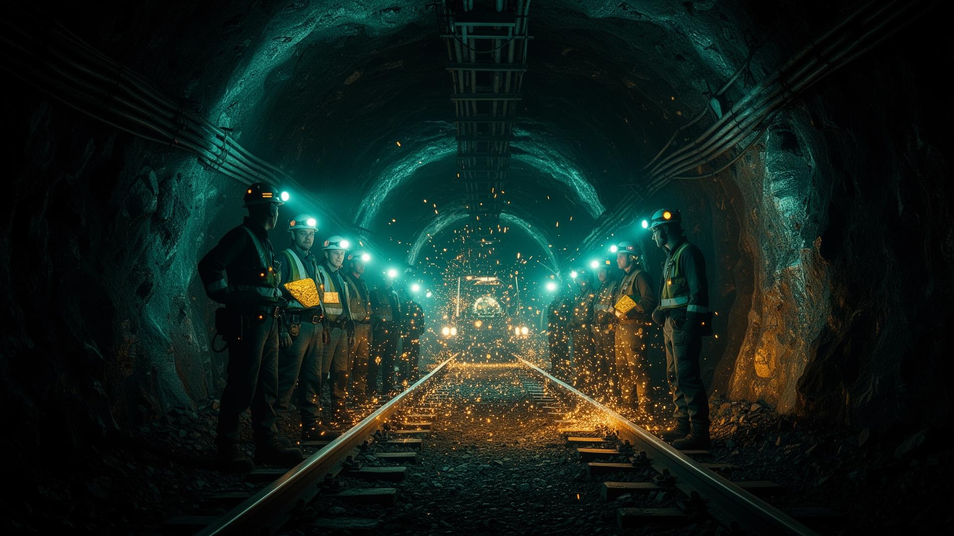 Mining crew with smart helmets and sensor lighting in an underground tunnel